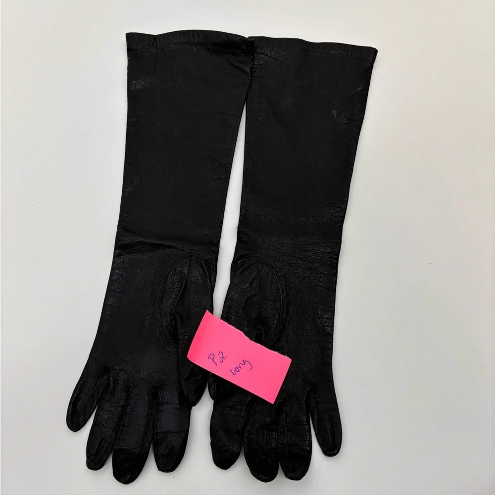 Vintage French Black Long Leather Gloves – Silk Lined, Size 7